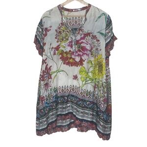 Johnny Was Womens Silk Floral Geometric Print Boho Tunic Top Short Sleeve Size M